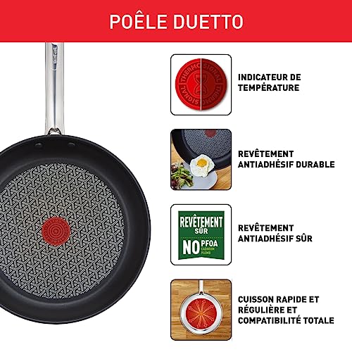 Tefal Duetto Lot de 3 poêles 20/24/28 cm Induction Acier inoxydable Antiadhésif Thermo-Spot Cuisson saine A704S363