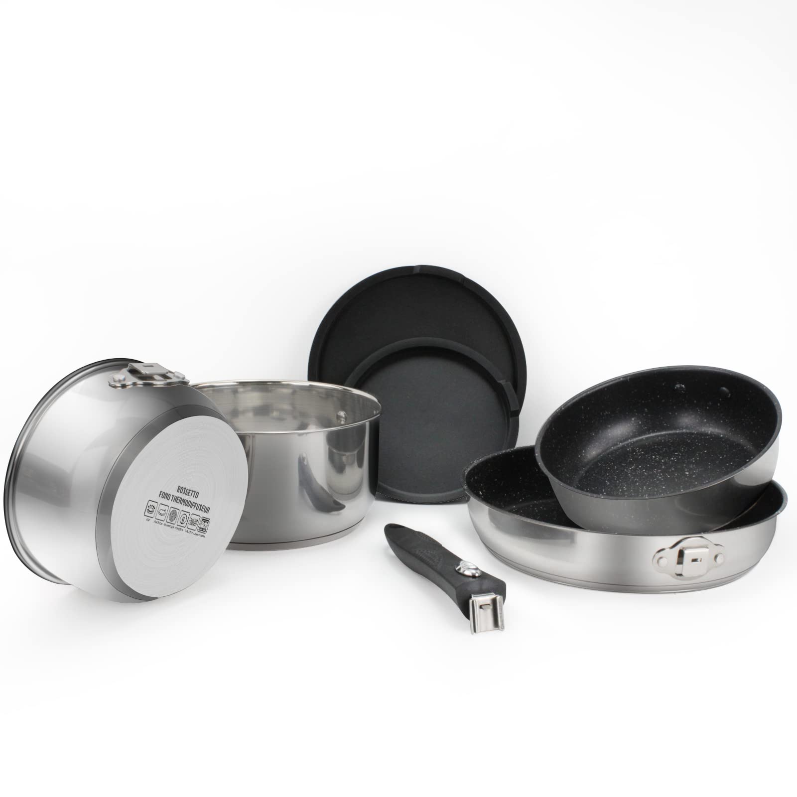 ROSSETTO Set de Batterie de Cuisine En Acier Inoxydé Compatible Induction 7 Pièces 16, 20, 26cm + Poignée Détachable + C